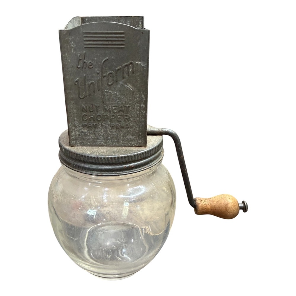 Vintage Uniform Nut Meat Chopper Hand Crank Metal Glass Jar Wood Handle 7.5in
